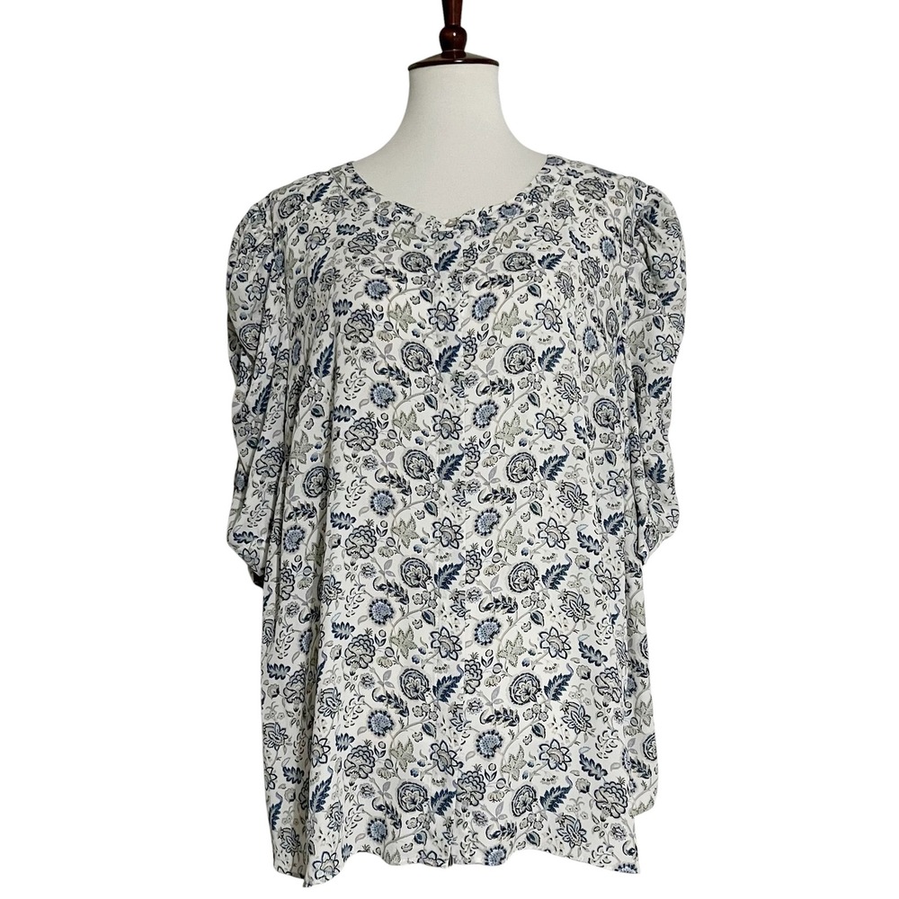 Rose + Olive Womens 2X Blue Floral Boho‎ Button Front 3/4 Sleeve Smocked Blouse